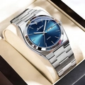Men's elegant steel watch with blue sunray dial and dual calendar in a premium gift box - Silver Band Blue Dial (EU Standard + Butterfly Clasp)