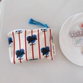 Close-up of canvas coin purse with red stripes, blue hearts, and rabbit pattern details - White Red Stripe Heart Cat