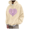 Beiger Fleece-Kapuzenpullover für Herren und Damen mit rosa Herz-Skelett-Aufdruck - S / Beige (Rosa Rippenherz)