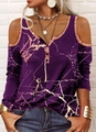 Details des lilafarbenen Langarm-Tops mit Marmor-Print, Goldrissen und Cut-Outs - S / Oberteile / Lila