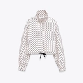 Women's white puff jacket with black polka dots, stand collar and drawstring hem design - XS / Polka Dot