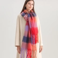 Detail of colorful rainbow plaid scarf featuring soft brushed texture and long fringes - Red Orange Purple Navy Plaid (WJ137-24)