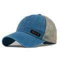 Blauwe gewassen denim baseballpet met beige mesh en SPORT lederen patch detail - Eén Maat(Verstelbaar) / Meerblauw