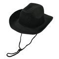 Classic black woven western cowboy straw hat with adjustable wind lanyard and sun protection - Black