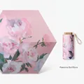 Pink peony oil painting style ultra-light foldable umbrella with matching storage sleeve - 19 Inch 6 Ribs / Pink Peony