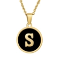 18K gold-plated stainless steel necklace with round black pendant and golden letter S - Black Enamel Letter S