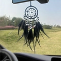Car dream catcher pendant featuring black feathers, white pearls and crystal stones - Black