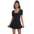 Detail eines schwarzen kurzärmeligen Tennis-Bodysuit-Kleides mit U-Ausschnitt und A-Linie - S / Schwarz