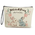 Borsa per trucco in tela con stampa di coniglietti pasquali bianchi e grigi con zip - Stile Con Stampa di Coniglio / 17*25cm (Lino) con Cinturino