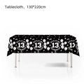 Waterproof black tablecloth with white 13th birthday graphics and 130x220cm size markings - Teenager Theme B&W Tablecloth