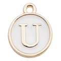 Golden round pendant charm with white enamel and metal letter U for DIY jewelry making - Letter U / 1 Piece (12x14mm) / White