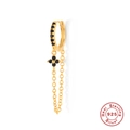 S925 Sterling Silber Gold Ohrringe mit schwarzen Kristallblumen und hängenden Ketten - Einzelnes Gold - Schwarzer Zirkonia