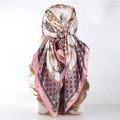 Pink and beige satin square scarf featuring chain patterns worn as a headscarf - 90*90cm / Coin Pink