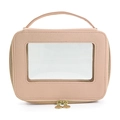 Pink portable travel makeup bag with transparent PVC window and golden zipper closure - Handbag Style / Water Pink