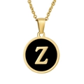 18K gold plated stainless steel necklace featuring a black round pendant with letter Z - Black Enamel Letter Z