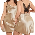 Champagne gold satin slip dress with back black butterfly lace detail for women - 3XL / Khaki