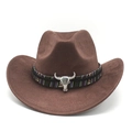 Detail of brown faux suede cowboy hat with colorful braided band and bull metal emblem - M (56-59cm) / Brown Faux Suede
