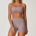 Two-piece greyish purple seamless yoga set with sports bra and high-waisted gym shorts - S / Top And Bottom / Bra + Shorts / Taro Purple