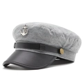 Grey cotton sailor cap with black leather visor and silver anchor emblem for women - 54-60cm(Adjustable) / Gray