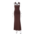 Detail of dark brown ruched bodycon dress with cowl neck and gold ring straps - S / Brown