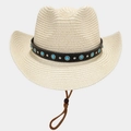 Detail of straw cowboy hat featuring turquoise studs, leather band and adjustable chin strap - Beige