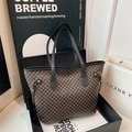 Retro coffee brown tote bag with geometric dot patterns and black leather trim accents - Black