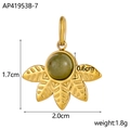 Macro detail of leaf-shaped gold necklace pendant with green stone and size specs - Flower Leaf Gold With Emerald Green Stone (AP41953B-7)