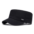 Classic flat top military style cap in black cotton with embroidered side patch detail - Adjustable / Black
