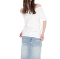 Detail view of a white off-shoulder t-shirt paired with a light blue denim skirt - S / White