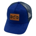 Blue mesh trucker hat for men with brown leather DAD patch and cow graphic - DAD / Sapphire Blue