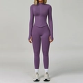 Ensemble de yoga violet sans couture avec veste zippée cintrée et legging à taille haute côtelé - S / Haut Et Bas / Violet brume