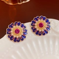 Pendientes vintage flor dorada con esmalte azul, pedrería rosa y perlas finas - 1 Pin de plata-Flor de color