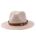 Detailed view of woven straw texture and classic brown leather belt with metal buckle - Pink (Coffee Leather Band)