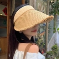 Beige wide-brim straw sun hat with fringe edges for women summer beach vacation - Frayed Edge Empty Top Straw Hat Beige