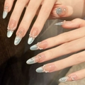 Blue cat eye press-on nails with light pink bows, pearls and sparkling heart details - 1158-Long Oval / XS