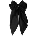 Eleganter übergroßer schwarzer Satin-Haarschleifen-Clip mit langen Bändern für Damen - Schwarz