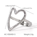 Macro shot of a silver heart-shaped open ring showing hammered texture and dimensions - Silver Hammered Heart Open Ring (HC-R30409-S)