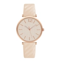 Detail of rose gold quartz watch featuring beige strap with embossed leaf pattern - Beige Single Watch