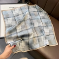 Silk square scarf featuring blue and grey plaid pattern with vintage texture and beige trim - 53*53cm / Grey Blue