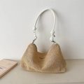Fashionable straw shoulder bag with white leather knotted strap and top zipper closure - White