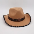 Camel felt cowboy hat with bronze leopard buckle and black braided edge trim - One Size / Camel Black Trim (Leopard Buckle)