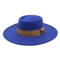 Detail of royal blue wool felt hat featuring brown band and black metal M emblem - M(56-58cm) / Blue