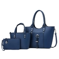 Three-piece dark blue tote bag set with pebble grain leather and silver hardware details - Blue