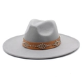 Cappello fedora in lana grigia a tesa larga con fascia in pelle marrone e borchie - Adulto 56-59cm / Grigio chiaro