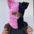 Pink and black knit cat ear balaclava hood with crochet devil horns design - 57-59cm / Black Pink Split Cat Ears