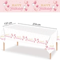 Pink Happy Birthday tablecloth with balloons and hearts, size 137x274 cm party cover - Pink Celebration Balloons
