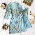Blue satin sleepwear set with floral print including robe and camisole nightgown - Light Green Cherry