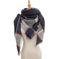 Thick wool blend plaid scarf in navy, grey, red and white with fringe edge details - 135x135x200cm / SJ-25# Navy Blue