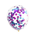 Detailed view of a 12-inch clear balloon filled with vibrant purple and blue round confetti - Pink Blue Purple Sequins