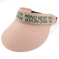 Pink woven sun visor for women with Never Mind lettered strap and elastic band - Pink